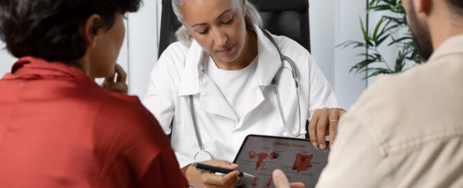 Doctora con pacientes con una tableta en mano con un diagrama que lee "causas de infertilidad"